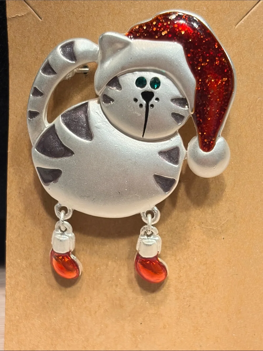 Holiday Cat Brooch Pin with Red Glitter Santa Hat - Unbranded